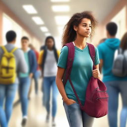 A digital art image of a young woman in a college hallway