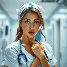 A stunning 30-year-old woman dressed as a nurse, looking directly at the camera with an expression of surprise
