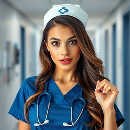 A stunning 30-year-old woman dressed as a nurse, looking directly at the camera with an expression of surprise