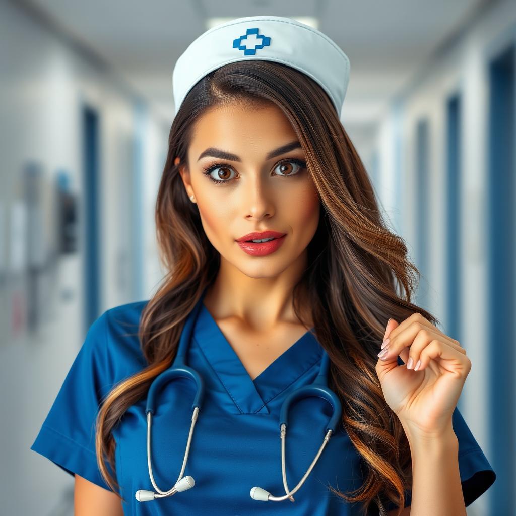 A stunning 30-year-old woman dressed as a nurse, looking directly at the camera with an expression of surprise