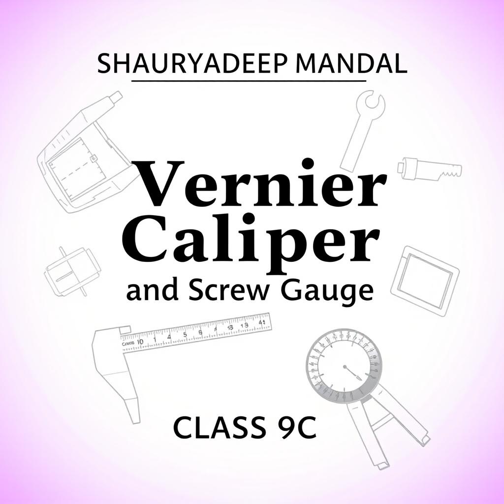 A visually appealing cover page design for a physics project, featuring the title 'Vernier Caliper and Screw Gauge' prominently displayed at the center