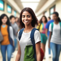 A digital art image of a young woman in a college hallway