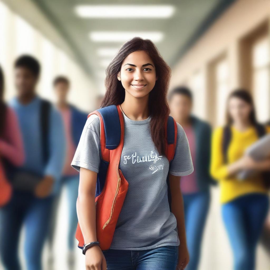 A digital art image of a young woman in a college hallway