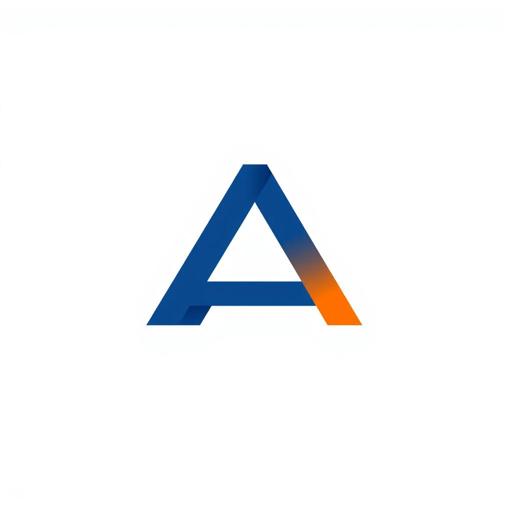 A minimalist and modern icon logo design featuring a stylized letter 'A' integrated with a geometric shape, utilizing a color palette of deep blue and bright orange