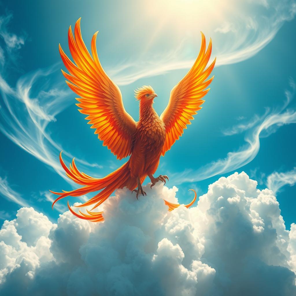 A majestic phoenix rising from fluffy white clouds, wings outstretched, feathers ablaze in vivid shades of red, orange, and gold