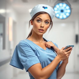 A stunning 30-year-old woman dressed as a nurse, facing the camera with a surprised expression