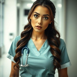 A stunning 30-year-old woman dressed as a nurse, facing the camera with a surprised expression