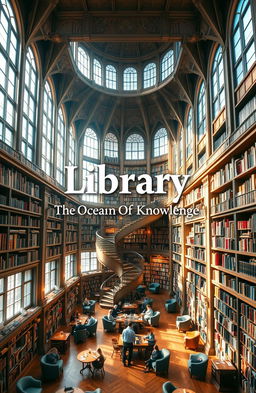 A visually stunning and expansive library filled with towering bookshelves, each lined with a diverse array of books, interspersed with elegant reading nooks and soft armchairs