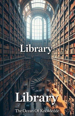 A visually stunning and expansive library filled with towering bookshelves, each lined with a diverse array of books, interspersed with elegant reading nooks and soft armchairs