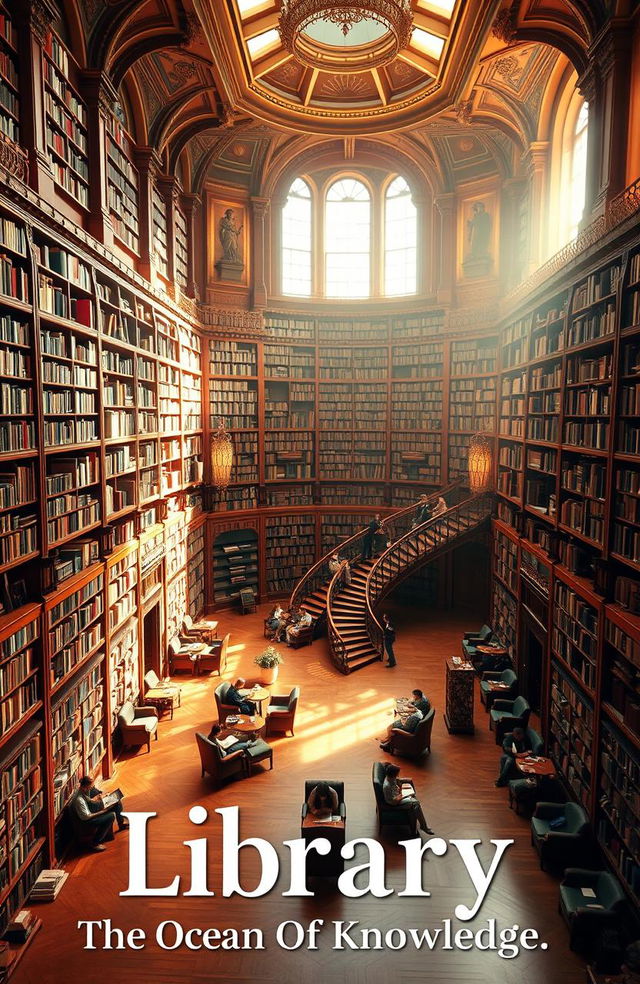 A visually stunning and expansive library filled with towering bookshelves, each lined with a diverse array of books, interspersed with elegant reading nooks and soft armchairs