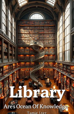 A visually stunning and expansive library filled with towering bookshelves, each lined with a diverse array of books, interspersed with elegant reading nooks and soft armchairs