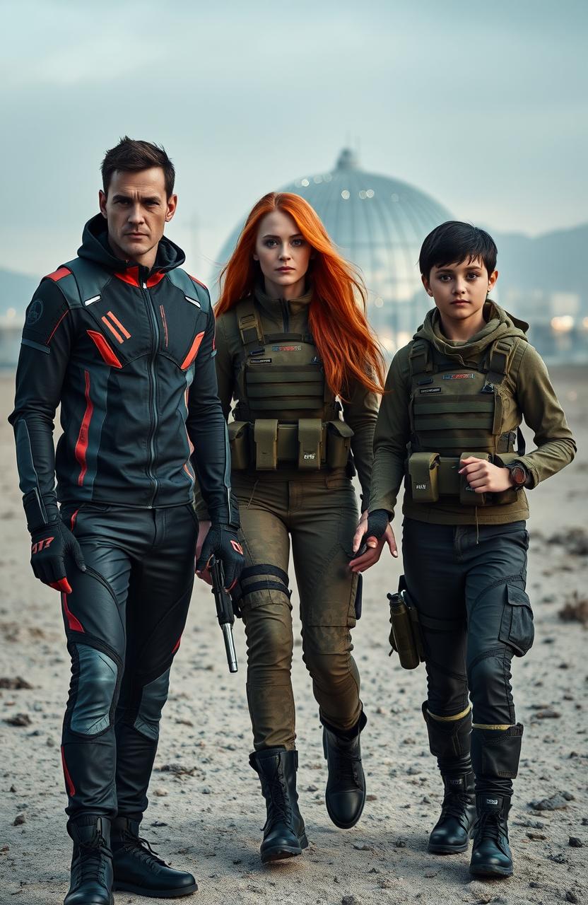 A 35-year-old slim English man dressed in futuristic attire, featuring sleek, high-tech materials and bold patterns
