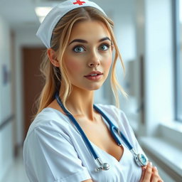 A gorgeous 30-year-old woman dressed as a nurse, facing the camera with a surprised expression