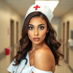 A gorgeous 30-year-old woman dressed as a nurse, facing the camera with a surprised expression