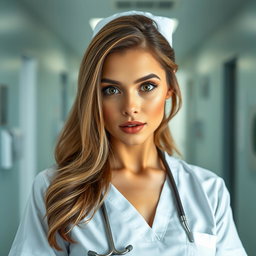 A gorgeous 30-year-old woman dressed as a nurse, facing the camera with a surprised expression