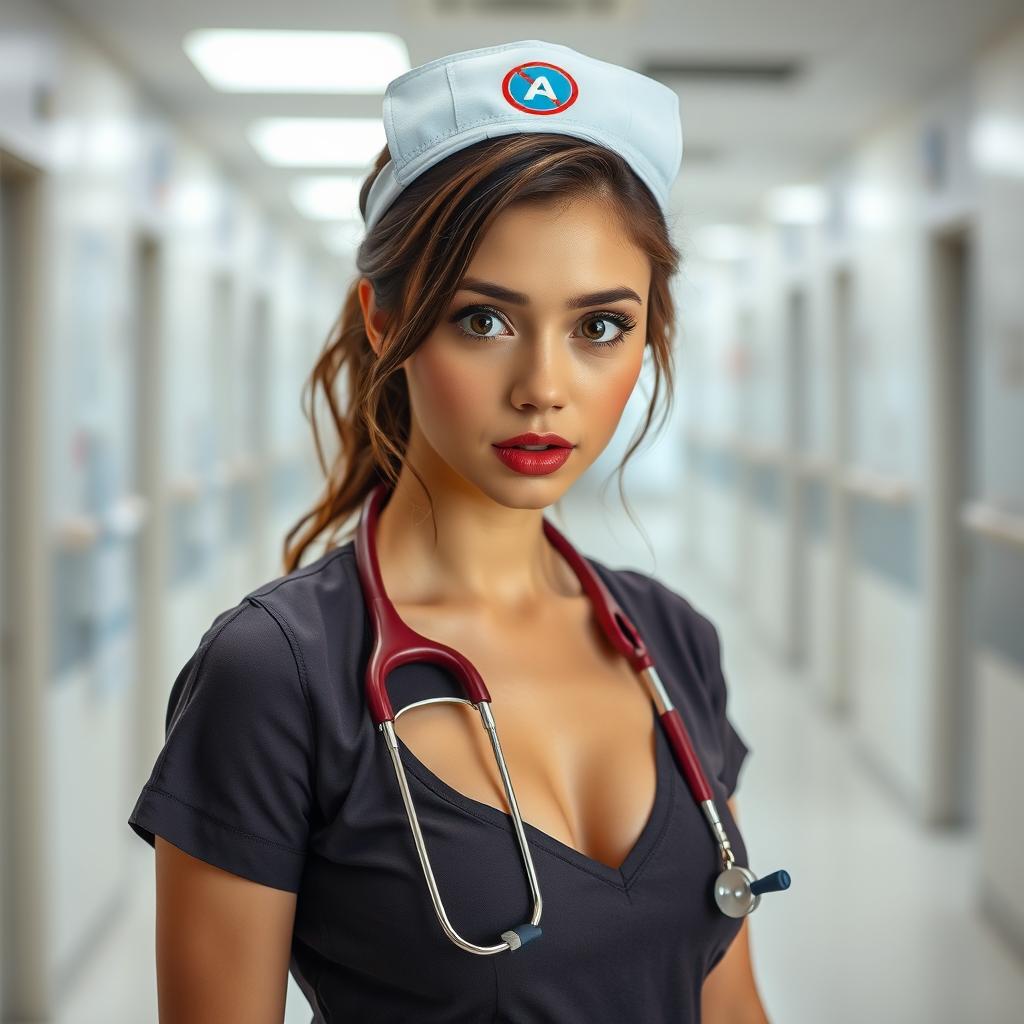 A gorgeous 30-year-old woman dressed as a nurse, facing the camera with a surprised expression