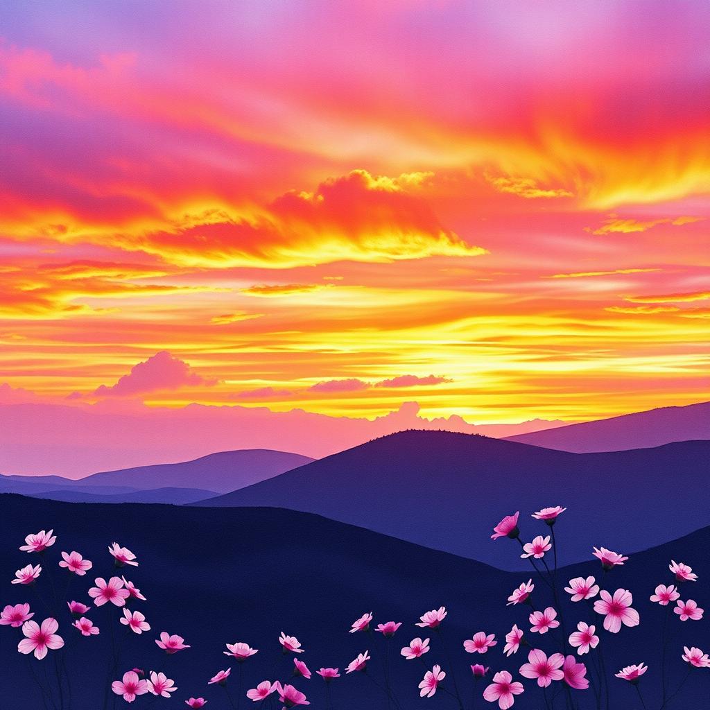 A beautiful book cover for a romance novel, featuring a stunning sunset landscape in watercolor style