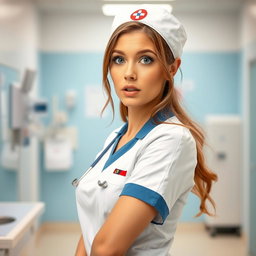 A beautiful 30-year-old woman dressed as a nurse, directly facing the camera with a surprised expression