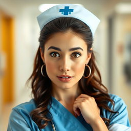 A beautiful 30-year-old woman dressed as a nurse, directly facing the camera with a surprised expression