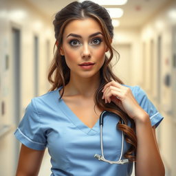A beautiful 30-year-old woman dressed as a nurse, directly facing the camera with a surprised expression
