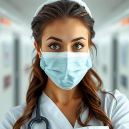 A beautiful 30-year-old woman dressed as a nurse, directly facing the camera with a surprised expression