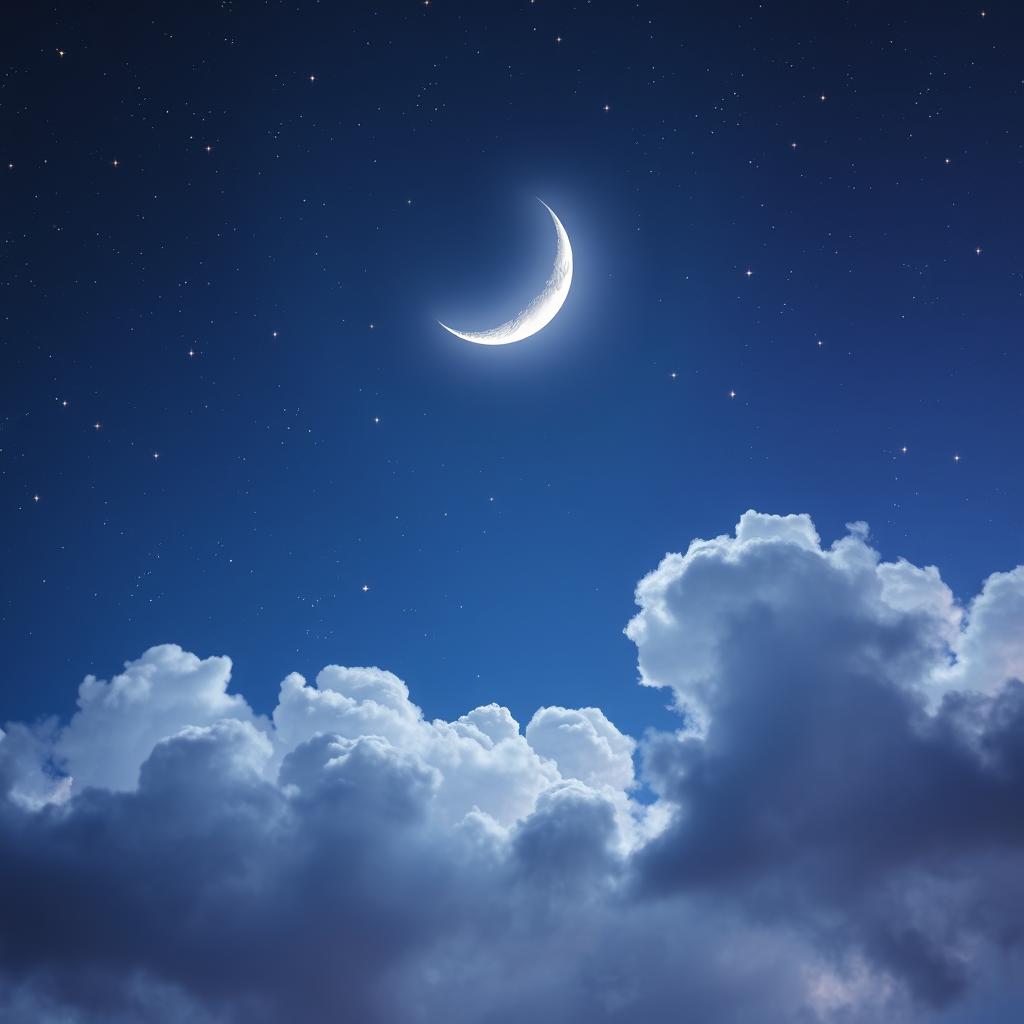 A stunning night sky featuring a large, luminous crescent moon surrounded by soft, fluffy clouds that are illuminated by the moonlight