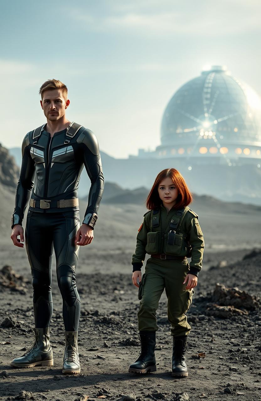 A 35-year-old slim English man wearing a futuristic, sleek outfit that gleams in the light, standing confidently