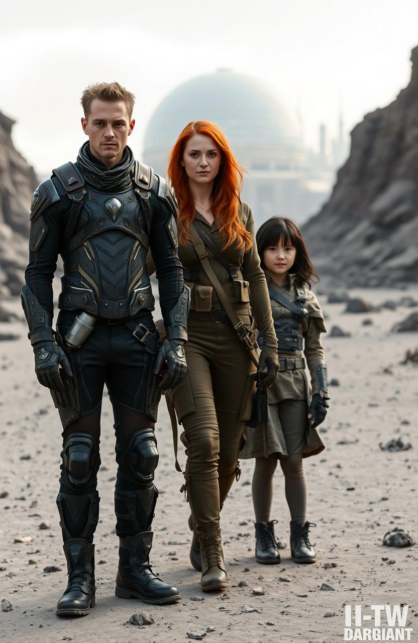 A 35-year-old slim English man wearing an intricate futuristic outfit with metallic accents, alongside a 30-year-old English woman with long red hair dressed in tactical battle fatigues, and a 16-year-old English girl with black shoulder-length hair