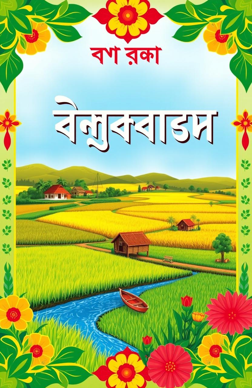A vibrant book cover design featuring traditional Bangladeshi motifs, with a rich color palette of greens, yellows, and reds