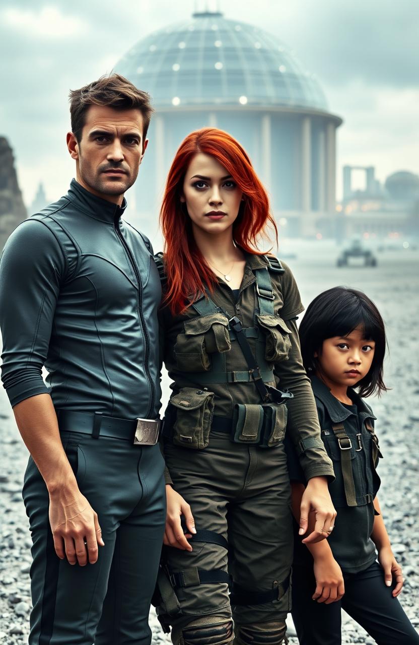 A slim English man aged 35 wearing a sleek and futuristic outfit stands confidently alongside a 30 year old English woman with long red hair, adorned in battle fatigues, exuding strength and determination
