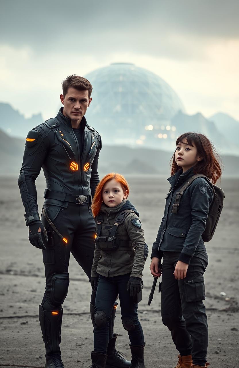 A scene showcasing a 35-year-old slim English man wearing a sleek, futuristic outfit with glowing details, standing confidently in a desolate ashen grey landscape