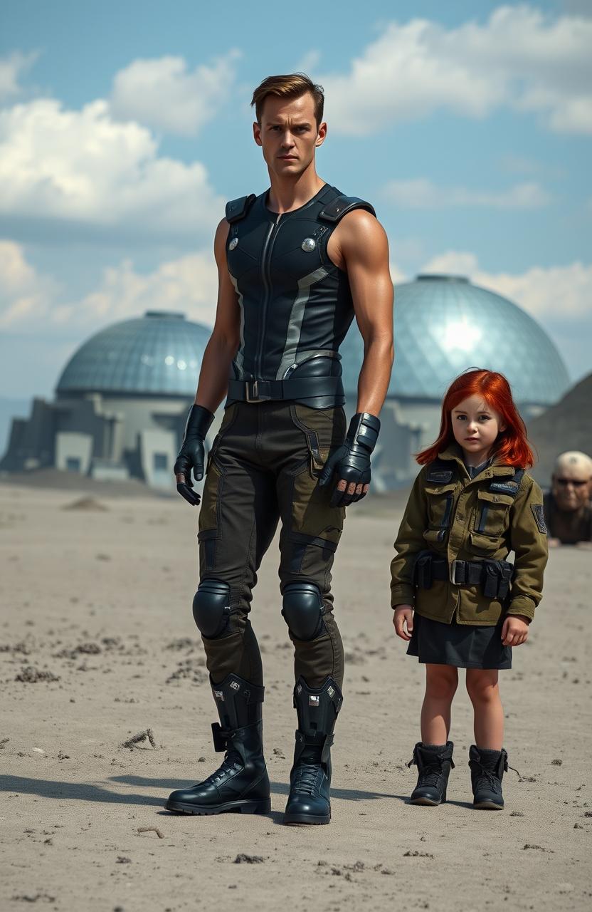 A 35-year-old slim English man wearing a sleek, futuristic outfit that glimmers with technological accents, standing confidently in a desolate ashen grey landscape