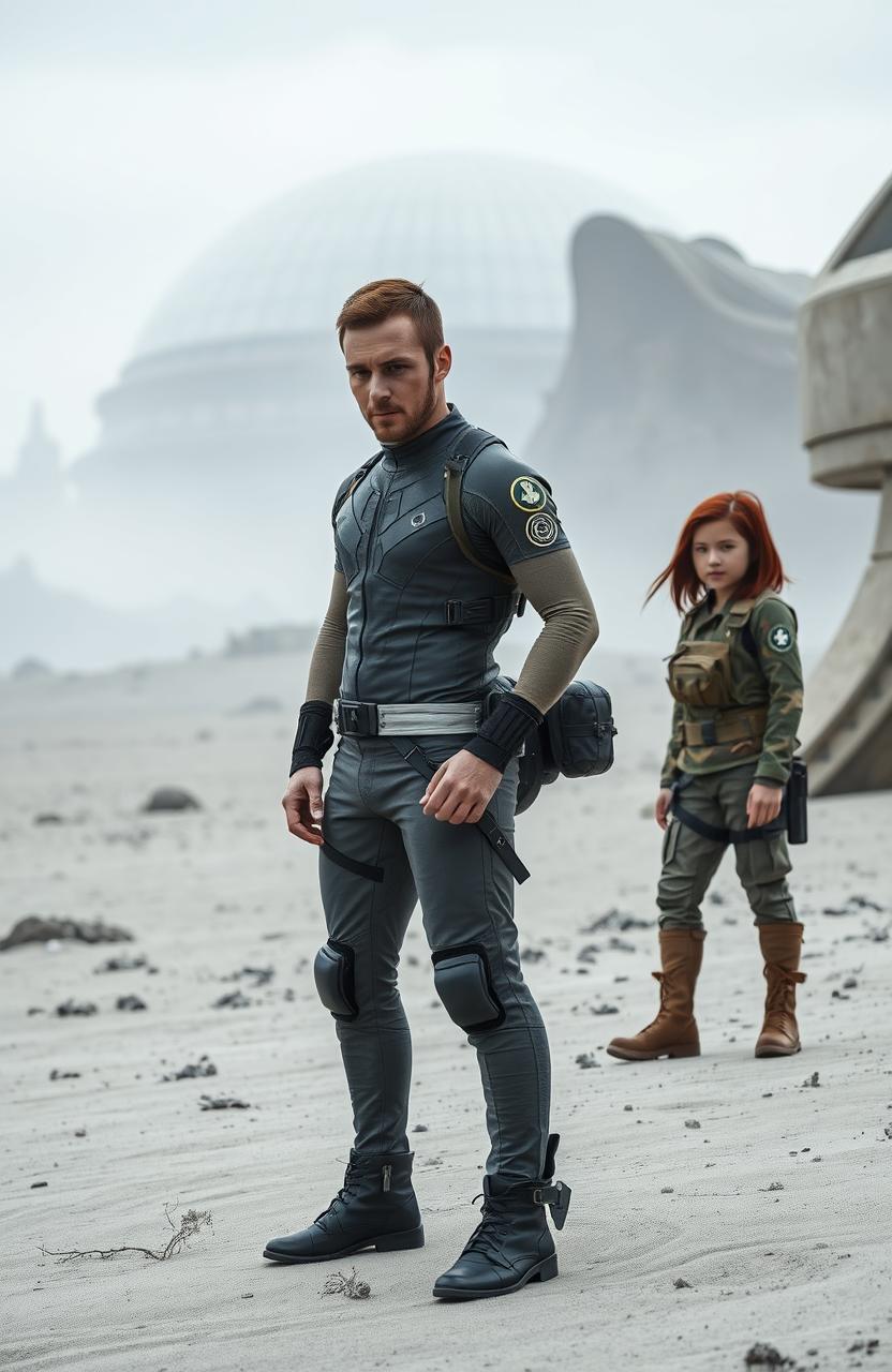 A scene featuring a 35-year-old slim English man wearing a futuristic, stylish outfit, standing confidently in a desolate ashen grey landscape