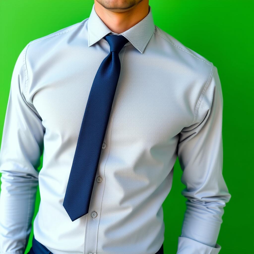 A fashionable man wearing a light gray shirt and a navy blue tie, standing confidently against a vivid green background