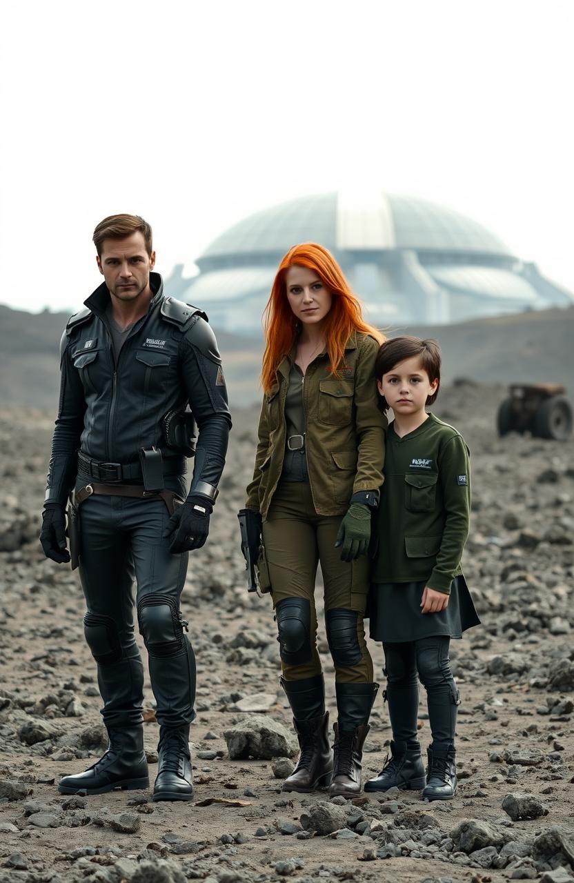A 35-year-old slim English man wearing sleek, futuristic attire, accompanied by a 30-year-old English woman with long red hair, dressed in battle fatigues, and a 16-year-old English girl with short black hair