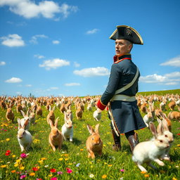 A whimsical scene featuring Napoleon Bonaparte with a shocked and bewildered expression on his face as he is hilariously chased by hundreds of fluffy rabbits