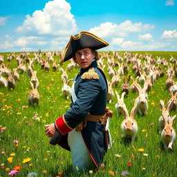 A whimsical scene featuring Napoleon Bonaparte with a shocked and bewildered expression on his face as he is hilariously chased by hundreds of fluffy rabbits