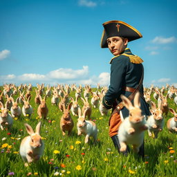 A whimsical scene featuring Napoleon Bonaparte with a shocked and bewildered expression on his face as he is hilariously chased by hundreds of fluffy rabbits