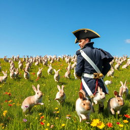 A whimsical scene featuring Napoleon Bonaparte with a shocked and bewildered expression on his face as he is hilariously chased by hundreds of fluffy rabbits