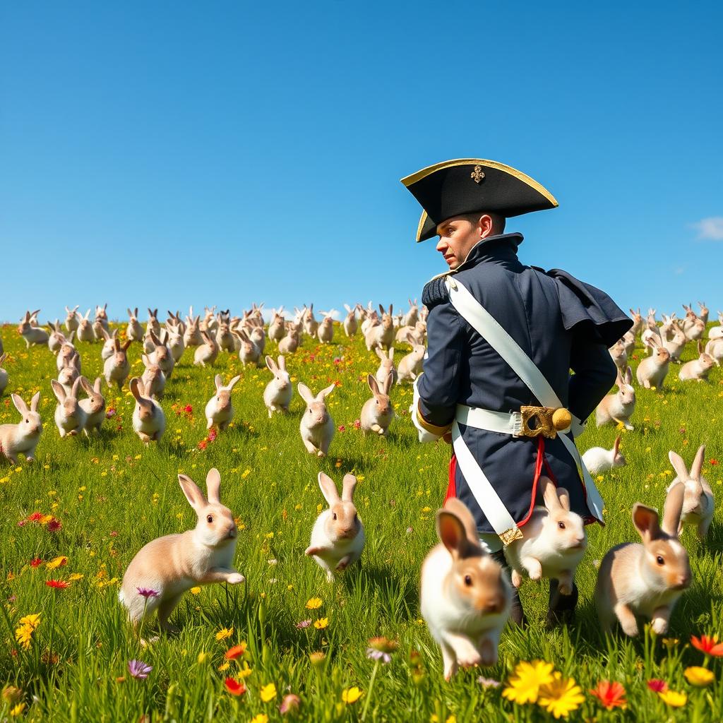 A whimsical scene featuring Napoleon Bonaparte with a shocked and bewildered expression on his face as he is hilariously chased by hundreds of fluffy rabbits