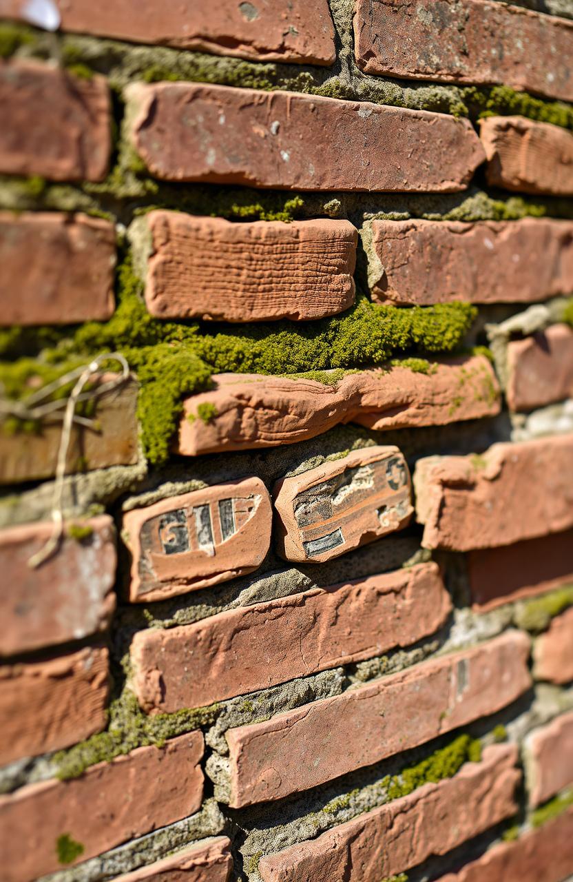 A close-up view of a weathered brick wall, showcasing two distinct bad bricks