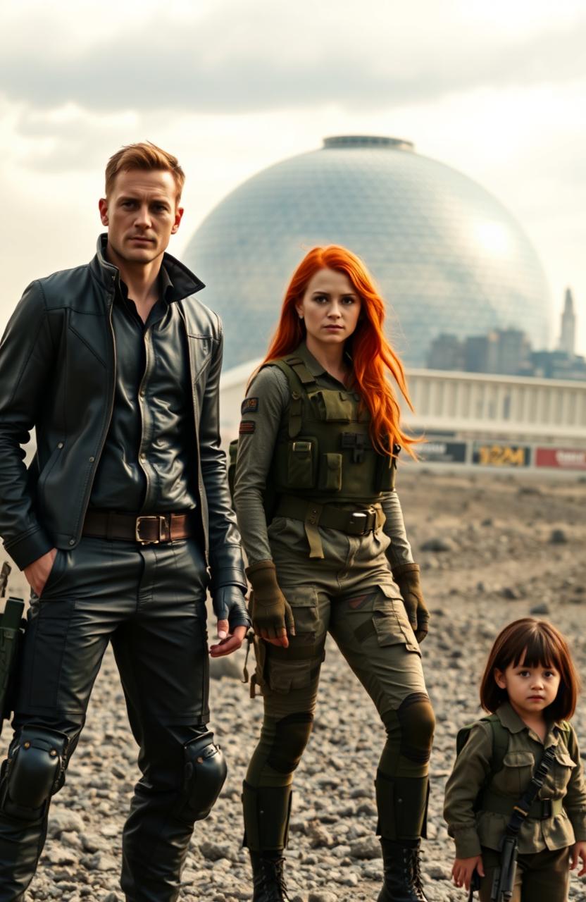 A scene depicting a 35-year-old slim English man dressed in sleek, futuristic attire, standing confidently alongside a 30-year-old English woman with long red hair, who is wearing battle fatigues that display signs of wear and readiness