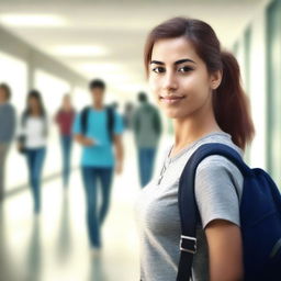 This is a digital art image of a young woman in a college hallway