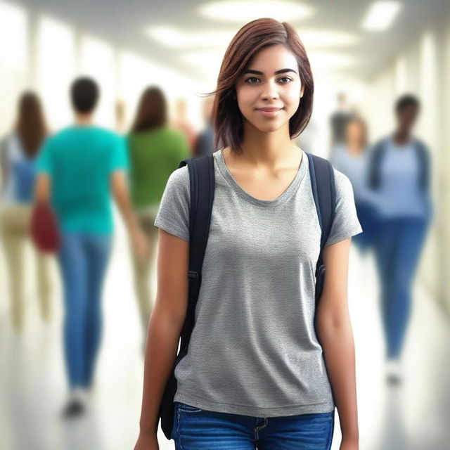 This is a digital art image of a young woman in a college hallway