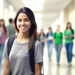 This is a digital art image of a young woman in a college hallway