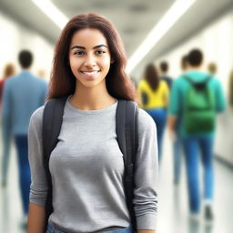 This is a digital art image of a young woman in a college hallway