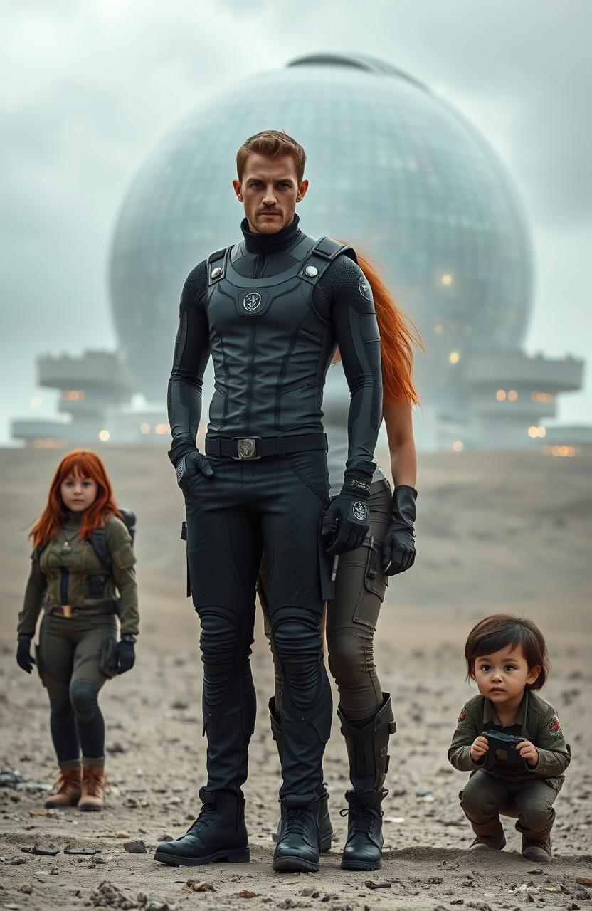 A 35-year-old slim English man wearing a sleek, futuristic outfit with high-tech accents and fabrics, stands confidently in a desolate ashen grey landscape