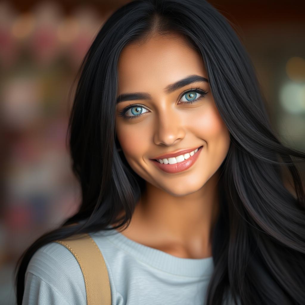 A portrait of a beautiful woman with long flowing black hair, smiling softly