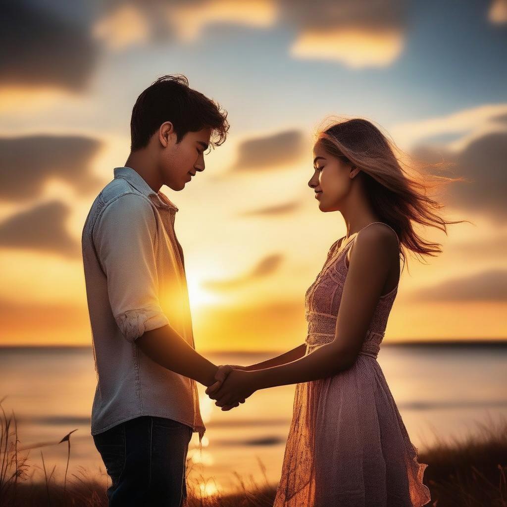 A romantic scene at sunset featuring a young couple holding hands on a beach