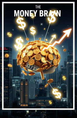 An artistic representation of a 'money brain', featuring a human brain composed of shiny gold coins, dollar bills, and financial graphs